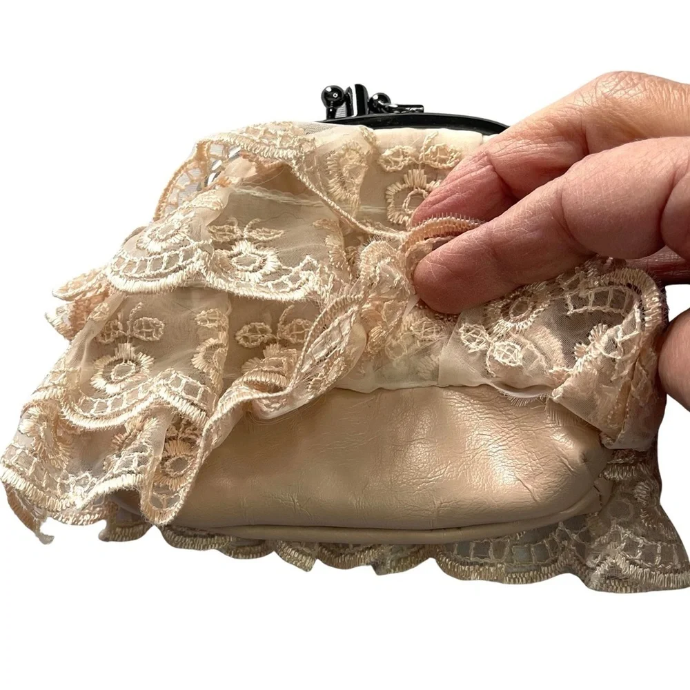 Beige Lace Clutch Wallet with Black Frame Closure